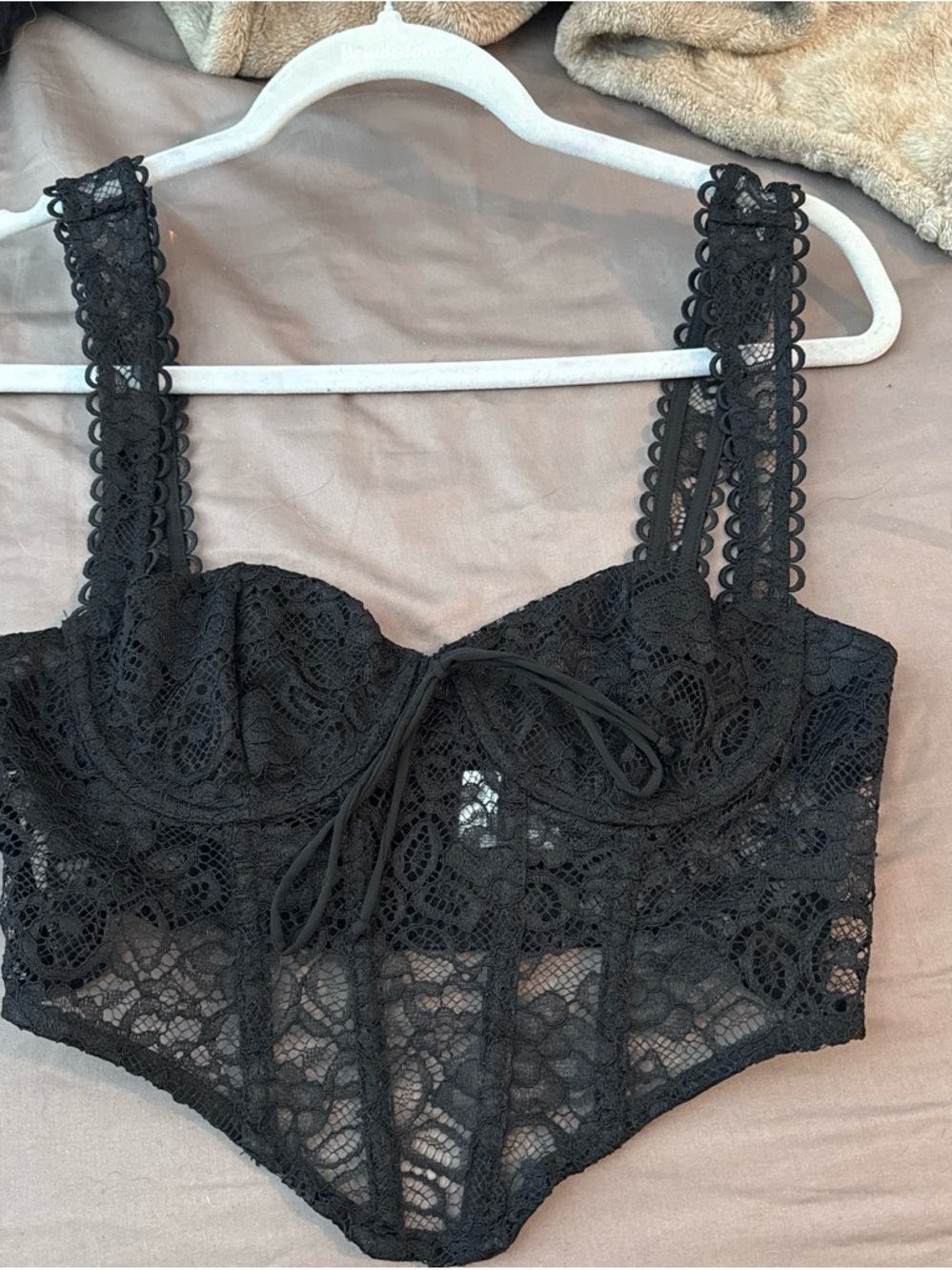 Vici Black Lace Corset-Style Crop Top with Scalloped Straps